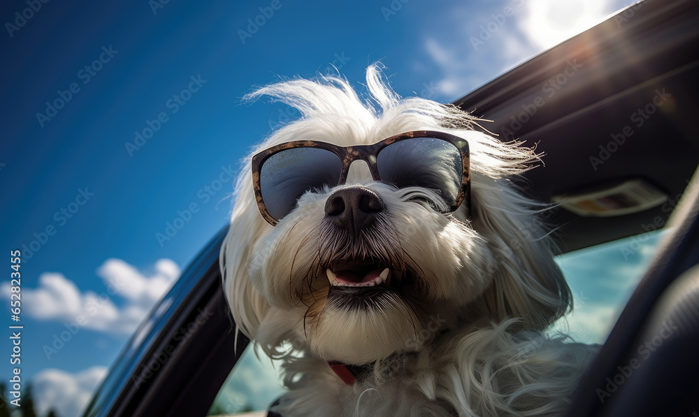 Traveling in style, this cheerful dog in sunglasses peeks from a car. Traveling in style, this cheerful dog in sunglasses peeks from a car.