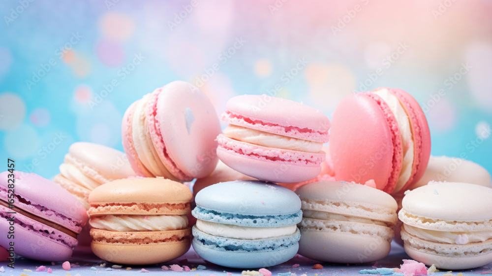 Fototapeta premium Macarons on a pastel background on watercolor style background
