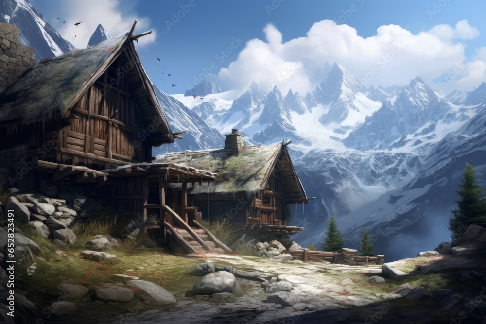 Generative AI old wooden frame houses on the top of a mountain among snowy mountain peaks. Two houses in a Viking village in northern Scandinavia. Generative AI old wooden frame houses on the top of a mountain among snowy mountain peaks. Two houses in a Viking village in northern Scandinavia.