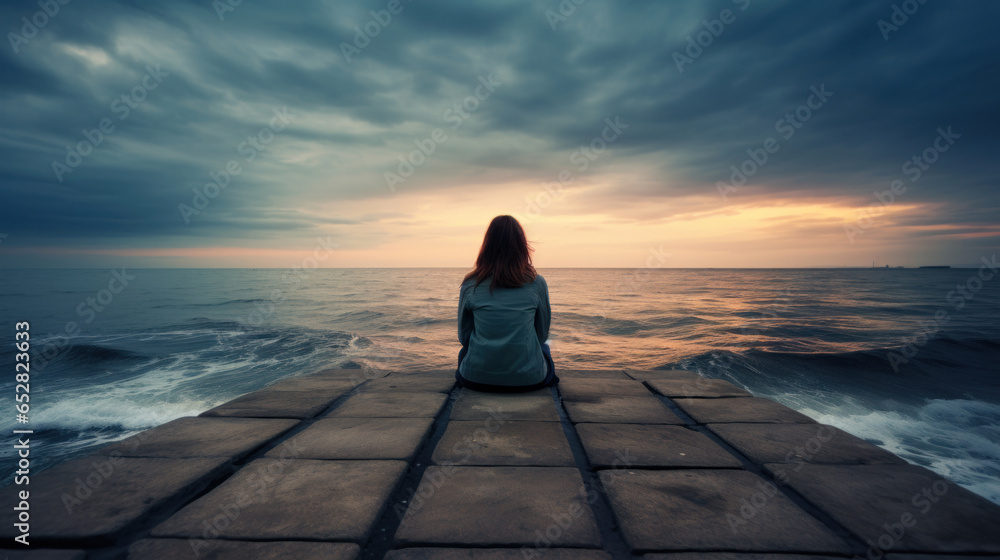 Woman sitting on a breakwater and looking at the horizon