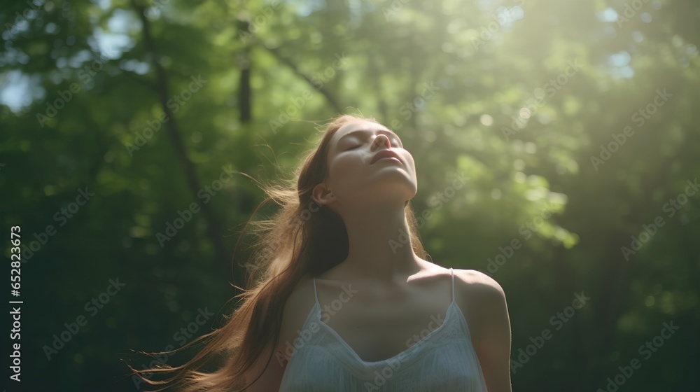 Naklejka premium A serene image depicting the concept of outdoor breathing, featuring a person deeply inhaling fresh air amidst a lush, green forest, symbolizing tranquility, mindfulness, and connection with nature.