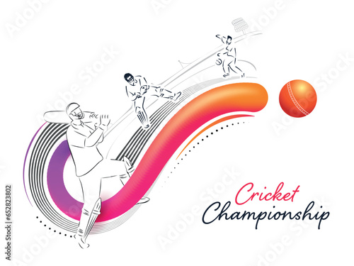 Cricket Championship Concept With Doodle Style Cricketer Players In Different Poses And Blend Wave On White Background.