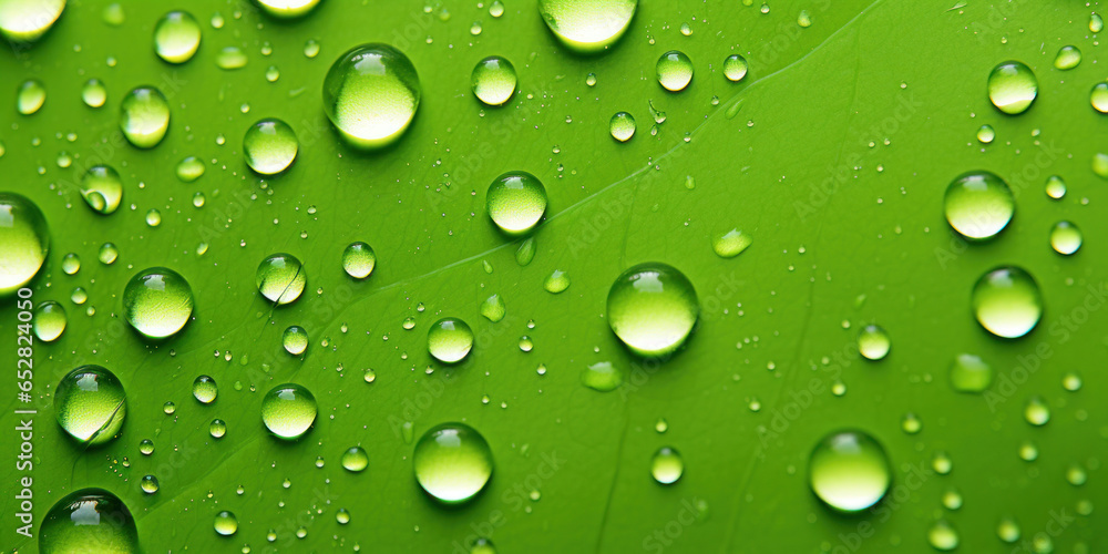 Close up water drops on green background