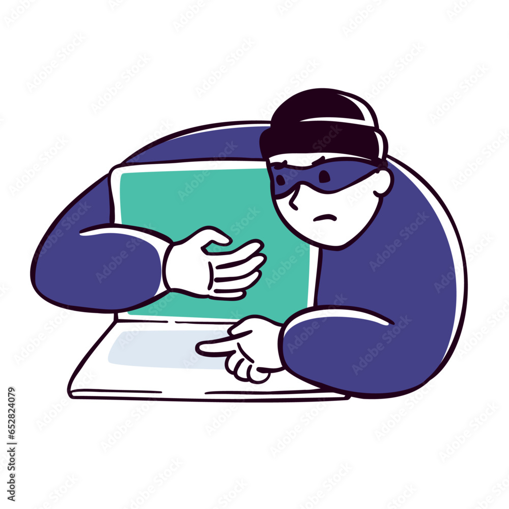Online crime, social media fraud banner template. A swindler or thief working at the computer. Hacker stealing personal data, banking credentials and information. Cyber scammer concept illustration.