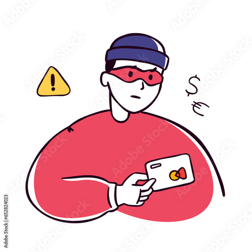Online crime, social media fraud banner template. A swindler or thief holding credit card. Hacker stealing personal data, banking credentials and information. Cyber scammer concept illustration.