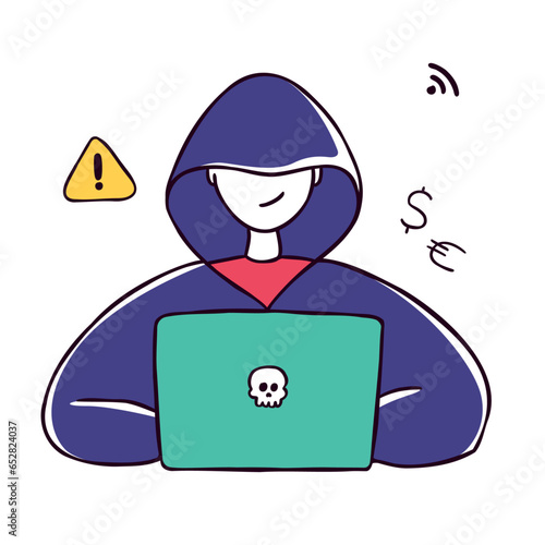 Online crime, social media fraud banner template. A swindler or thief working at the computer. Hacker stealing personal data, banking credentials and information. Cyber scammer concept illustration.