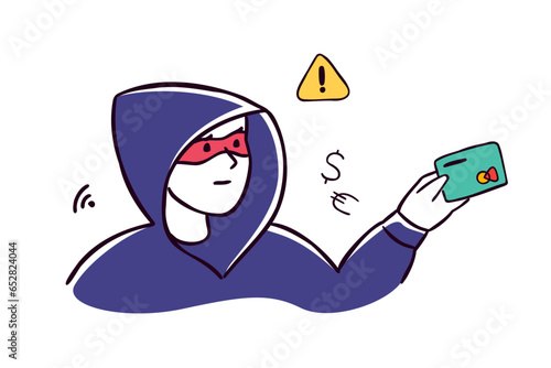 Online crime, social media fraud banner template. A swindler or thief holding credit card. Hacker stealing personal data, banking credentials and information. Cyber scammer concept illustration.