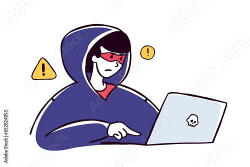 Online crime, social media fraud banner template. A swindler or thief working at the computer. Hacker stealing personal data, banking credentials and information. Cyber scammer concept illustration.