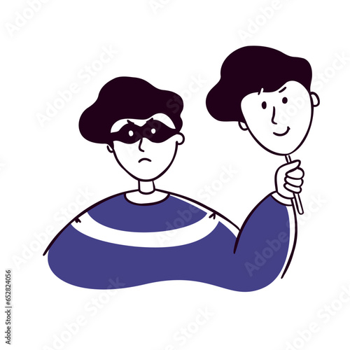 A swindler or thief holding mask with a smile. Online crime, social media fraud banner template. Hacker stealing personal data, banking credentials and information. Cyber scammer concept illustration.