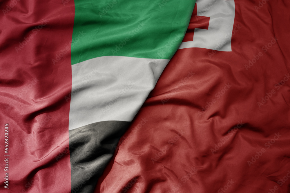 big waving realistic national colorful flag of united arab emirates and national flag of Tonga .