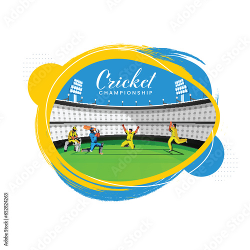 Cricket Championship Concept With Cricketer Players In Action Pose And Yellow And Blue Brush Stadium View On White Background.
