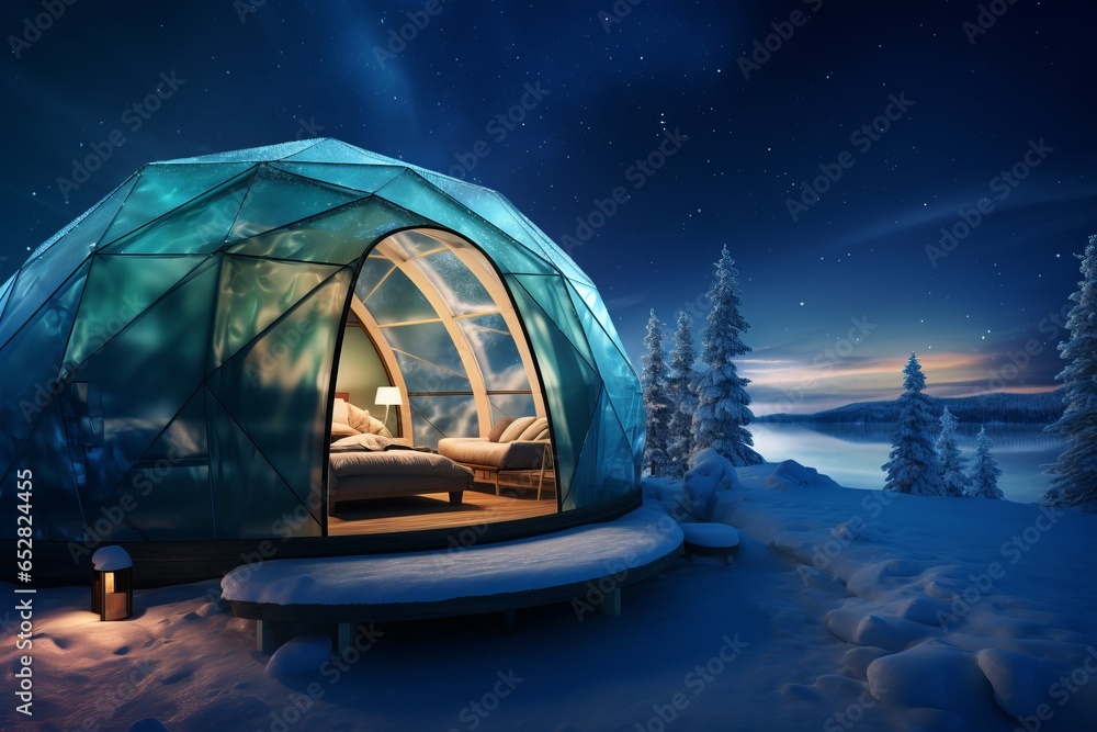 Generative AI Domed house with panoramic windows and a great view of night sky with stars. Camping in north in winter. The concept of outdoor recreation with comfortable living conditions glamping. - obrazy, fototapety, plakaty 