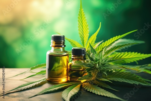 Two glass bottles of a cannabis oil among green marijuana leaves photo