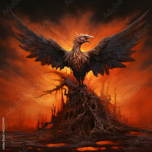 Phoenix Eagle rising from the ashes and dust imponent image. Created by AI generative © Marcelo