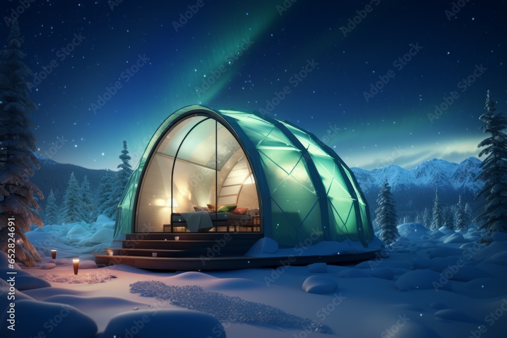 Generative AI Domed house with panoramic windows. Camping in winter. The concept of outdoor recreation with comfortable living conditions is glamping. View of the Northern Lights. - obrazy, fototapety, plakaty 
