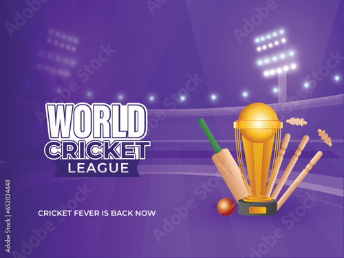 Sticker Style World Cricket League Text With Golden Trophy Cup, Equipment On Purple Stadium Background.