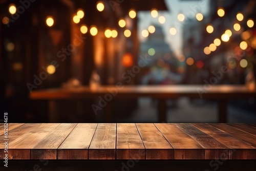 Empty wooden table mockup with blurred bar background