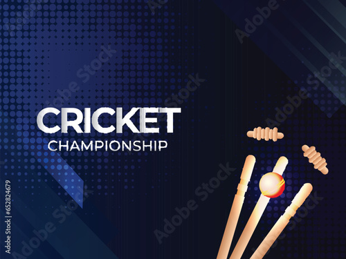Cricket Championship Concept With Realistic Ball Hitting Wicket Stumps On Blue Halftone Background.
