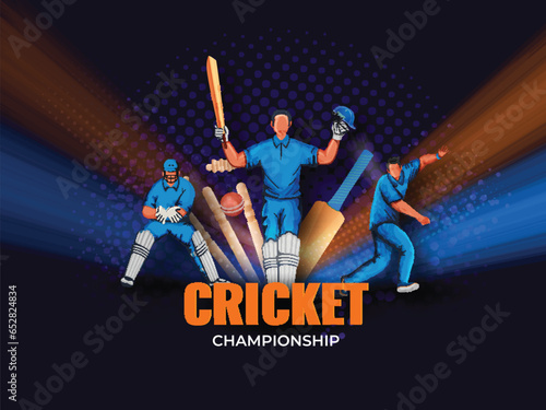 Cricket Championship Concept With Faceless Cricketer Players In Action Pose On Purple Halftone Background.