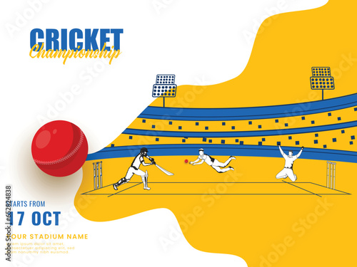 Cricket Championship Concept With Cartoon Batsman, Bowler Player In Playing Pose On Yellow And White Stadium Background.