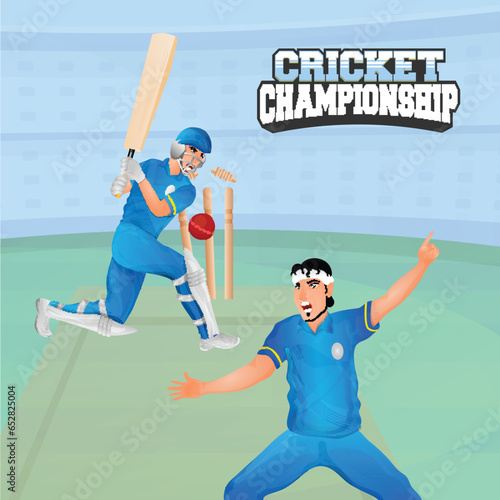 Cricket Championship Concept With Cheering Bowler Dismissed The Batsman On Playground.