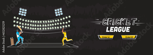 Cricket League Banner Or Header Design With Batsman, Bowler Character In Playing Pose On Stadium View Black Background.