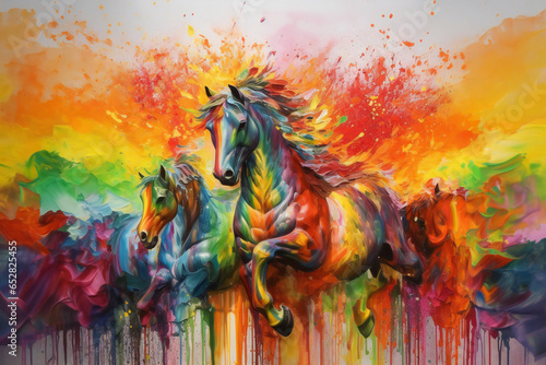colorful horses with watercolor