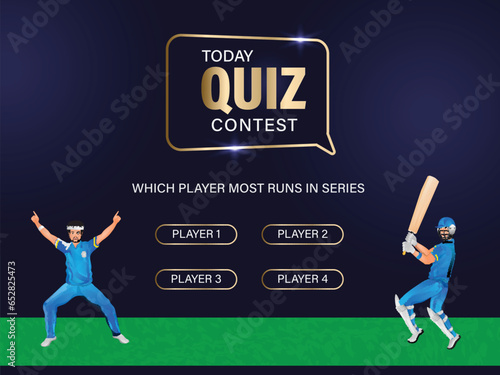 Today Quiz Contest Based Poster Design With Cricket Players Select Options On Blue And Green Background.