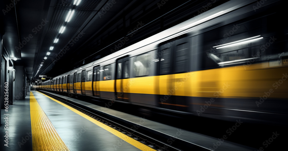 Fototapeta premium Passing underground train to the tunnel on the subway platform, motion blur