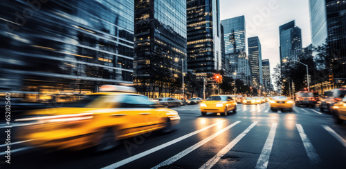 Cars in movement with motion blur. A crowded street scene in downtown