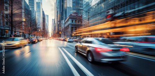 Cars in movement with motion blur. A crowded street scene in downtown
