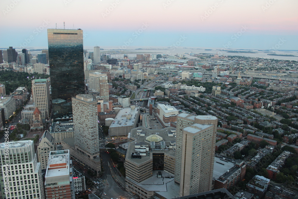 A view of Boston from the observation deck of the Prudential Tower. At the sunset