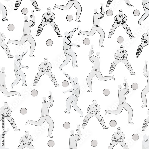 Doodle Style Cricket Players Pattern Background In Gray And White Color.