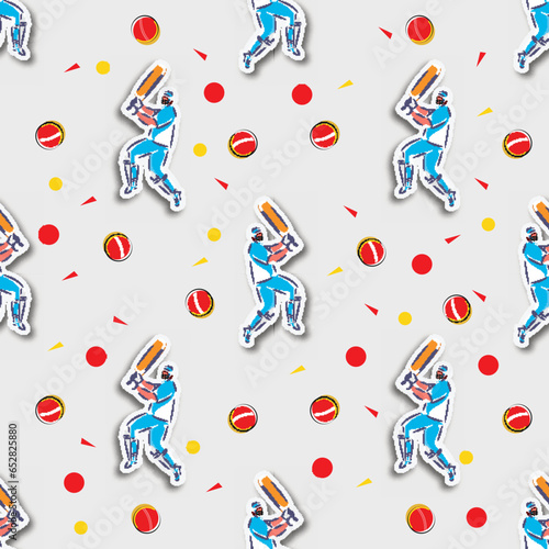 Sticker Style Cricket Batsman And Red Ball Seamless Pattern Background