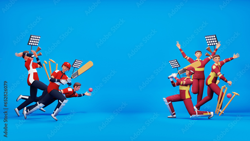 Fototapeta premium 3D Rendering Of Cricket Match Between England VS West Indies With Players Character And Tournament Equipments.
