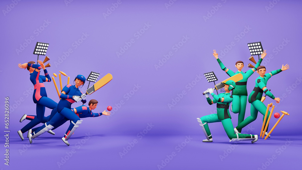 Obraz premium 3D Participating Cricket Team Of Namibia VS Ireland With Tournament Equipments And Copy Space On Purple Background.