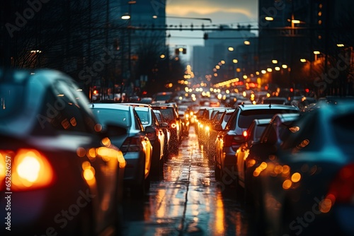 Rear view of rush hour traffic jam on a rainy evening city avenue photo