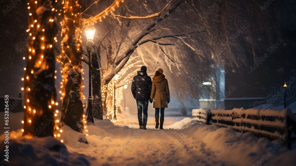 couple walking in the snowy night