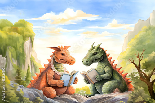 Watercolor illustration of two dinosaur friends reading a book © Adrienne