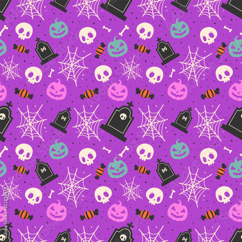 Happy halloween or party invitation background with halloween pattern. pattern with spiderwebs and tombstons
