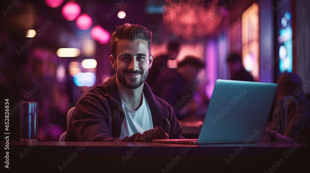 photo man in hie 25ies, a programmer, smiling, behind a laptop while programming, photo man in hie 25ies, a programmer, smiling, behind a laptop while programming,