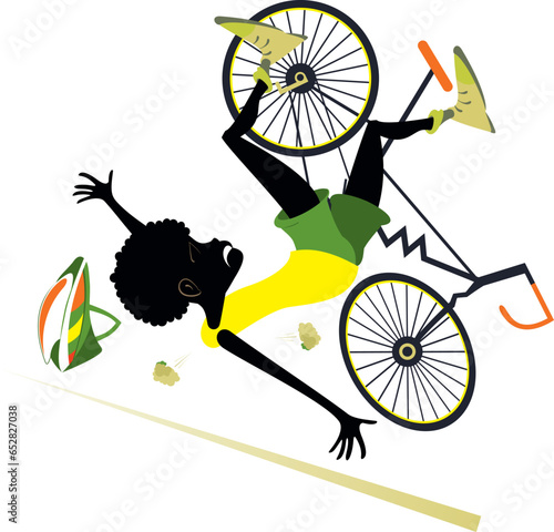 African cyclist falling down from the bicycle. 
Cycling young African man falling down from the bicycle. Isolated on white background
