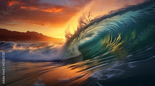 vibrant sunset seascape  beautiful ocean waves and sun setting over the horizon