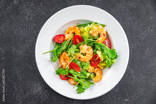 shrimp salad fresh arugula seafood shrimps meal food snack on the table copy space food background rustic top view 