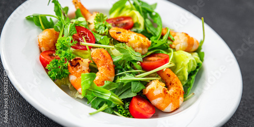 shrimp salad fresh arugula seafood shrimps meal food snack on the table copy space food background rustic top view 