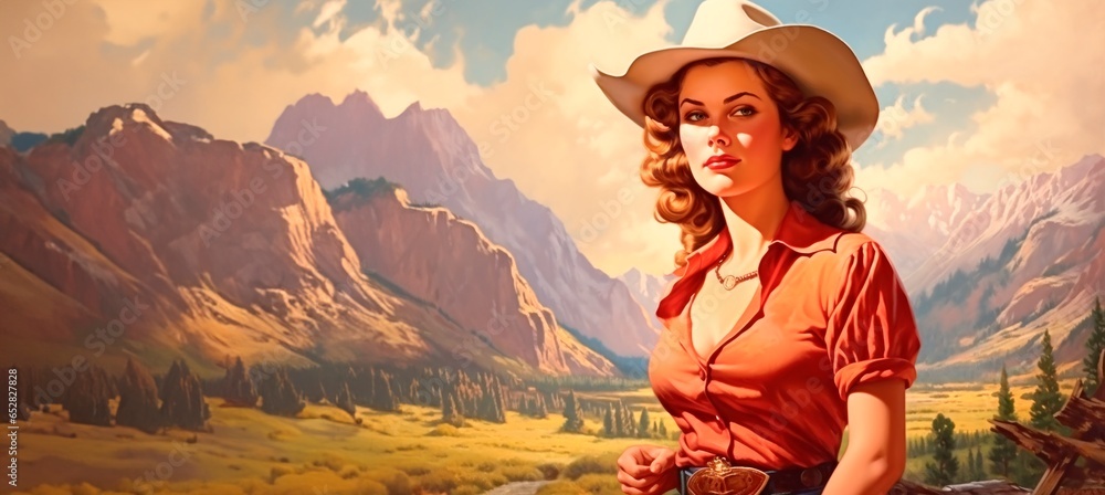 Retro poster of a western country American cowgirl - obrazy, fototapety, plakaty 