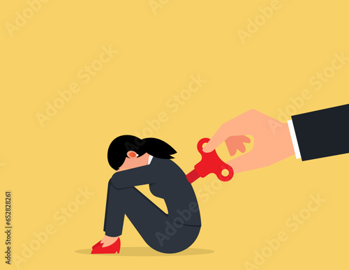 Exhausted employee recharged. power up or wind up to stimulate or motivate fatigue person concept