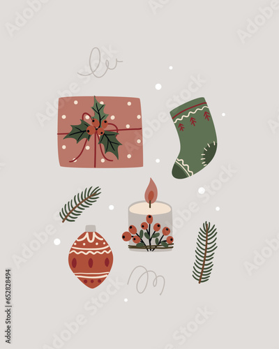 Christmas illustration with gift, sock and Christmas tree toy for card or poster