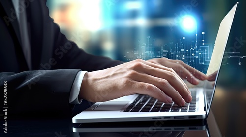 Close up image of business man hands working on the laptop, typing and surfing the internet, searching the information.