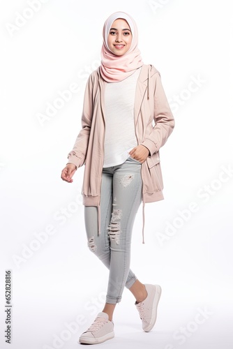 Image of young teenage asian modern woman in hijab smiling and posing isolated on white background. © Kartika